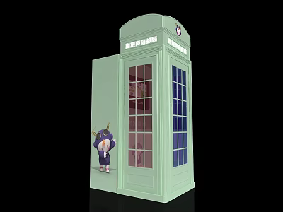 Light Green Telephone Booth With Glass Windows And Small Doll Nearby 3d model
