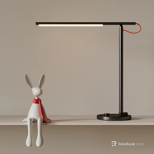 White Rabbit Figurine With Red Scarf And Black Modern Desk Lamp On Light Colored Shelf 3d model 