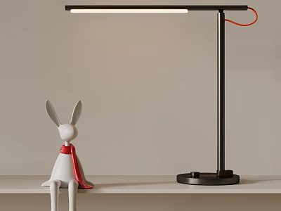 White Rabbit Figurine With Red Scarf And Black Modern Desk Lamp On Light Colored Shelf 3d model