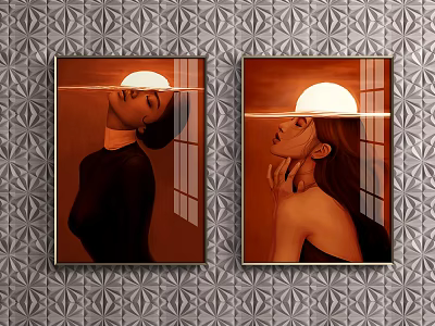 Two Elegant Female Portrait Paintings On Geometric Pattern Wall With Sunlight 3d model