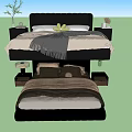 Modern Double Bed With Leather Headboard Pillows Blanket And Nightstand Decor 3d model