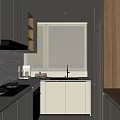 Modern Kitchen Interior Design With White Cabinets Wooden Elements Stove Sink And Blinds