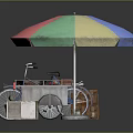 Colorful Umbrella Covered Bicycle Food Stall With Wooden Crates And Trash Bin