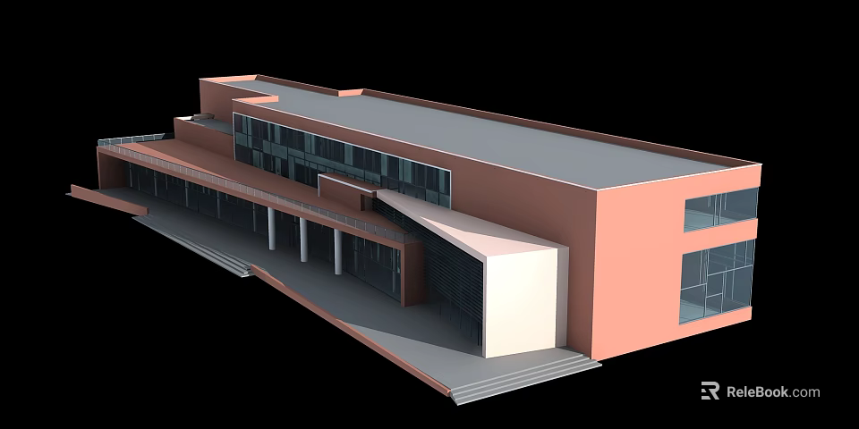 Modern Architectural Exterior Design With Orange White Facade Flat Roof And Large Windows 3d model 