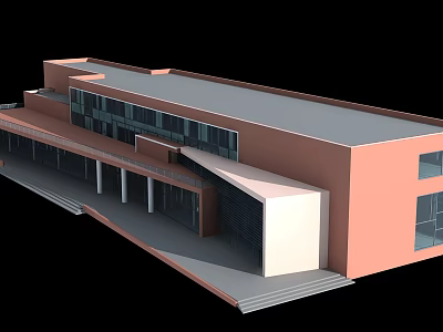 Modern Architectural Exterior Design With Orange White Facade Flat Roof And Large Windows 3d model