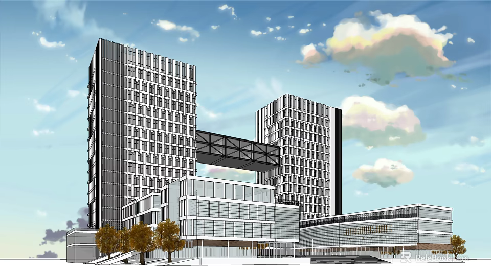 Modern Office Building Complex Featuring Twin Towers Connecting Bridge And Glass Facades 3d model 