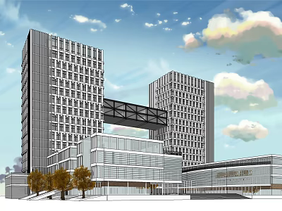 Modern Office Building Complex Featuring Twin Towers Connecting Bridge And Glass Facades 3d model