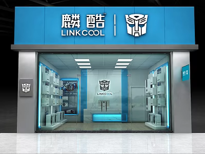 Blue LINKCOOL Storefront with Transformers Logo Glass Windows and Modern Display Shelves 3d model