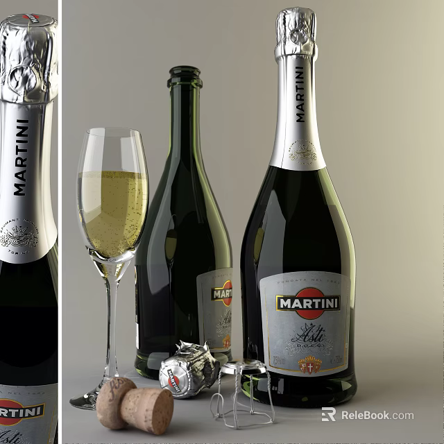 Martini Wine Bottles And Wine Glass With Golden Sparkling Liquid And Cork 3d model 