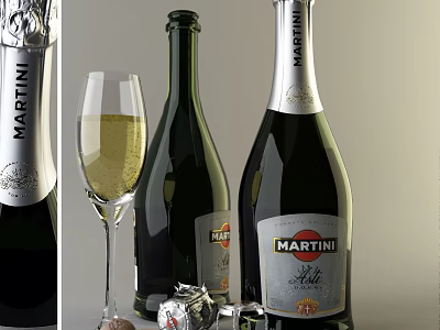 Martini Wine Bottles And Wine Glass With Golden Sparkling Liquid And Cork 3d model