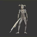 Silver Armored Character With Horned Helmet Holding Intricate Spear In Standing Pose