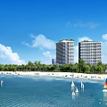 Modern High Rise Hotel Building with Sunset Sky Landscaped Surroundings and Ground Floor Retail Spaces