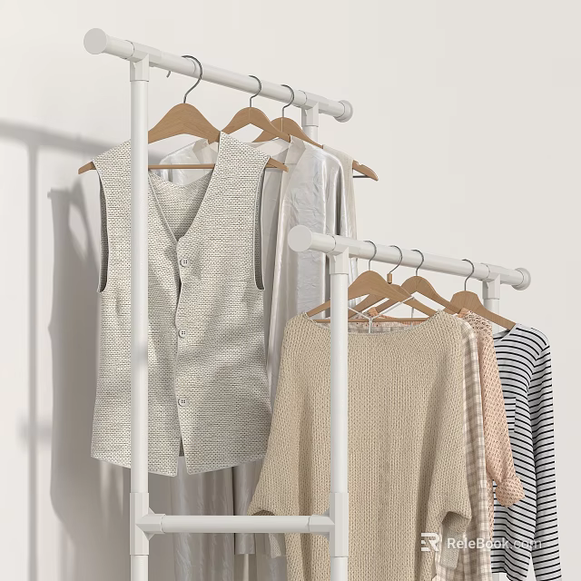 Simple Wardrobe Display With Hanging Clothes Including Vest Knitwear And Striped Shirts 3d model 
