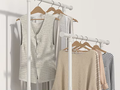 Simple Wardrobe Display With Hanging Clothes Including Vest Knitwear And Striped Shirts 3d model
