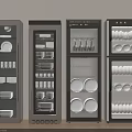Modern Kitchen Storage Appliances With Glass Doors Holding Dishes Cups Wine Glasses And Plates