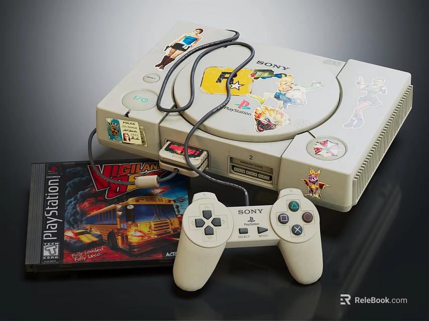 Vintage PlayStation Entertainment Console With Game Controller Virtua Fighter Disc And Decorative Stickers 3d model 