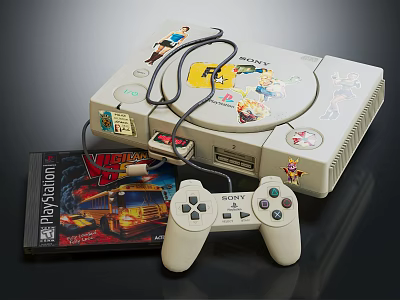 Vintage PlayStation Entertainment Console With Game Controller Virtua Fighter Disc And Decorative Stickers 3d model