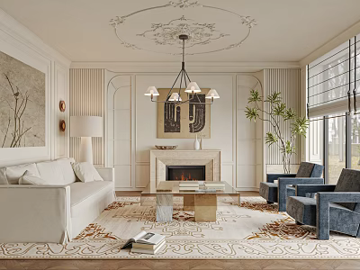 Elegant Modern Living Room Interior With White Sofa Fireplace Chandelier And Floor To Ceiling Windows 3d model