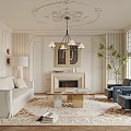 Elegant Modern Living Room Interior With White Sofa Fireplace Chandelier And Floor To Ceiling Windows