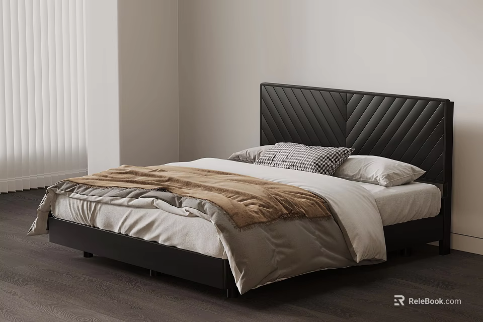 Modern Double Bed With Black Quilted Headboard Cozy Blanket And Pillows 3d model 