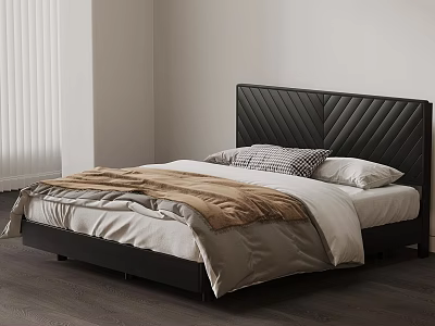 Modern Double Bed With Black Quilted Headboard Cozy Blanket And Pillows 3d model