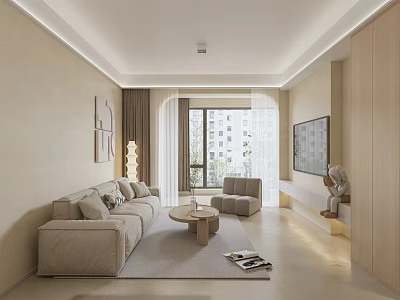 Modern Living Dining Room Interior Design With Beige Sofa Round Coffee Table And TV 3d model