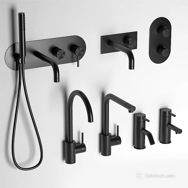 Stylish Black Faucets With Various Designs For Home Kitchen And Bathroom 3d model 