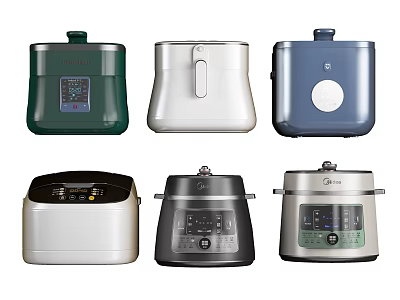Various Color And Style Kitchen Appliances Including Rice Cookers And Pressure Cookers 3d model