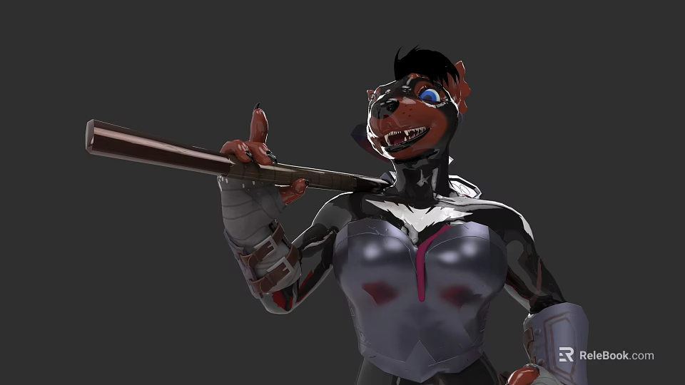 Anthropomorphic Dog Character In Mechanical Suit With Goggles And Baseball Bat 3d model 