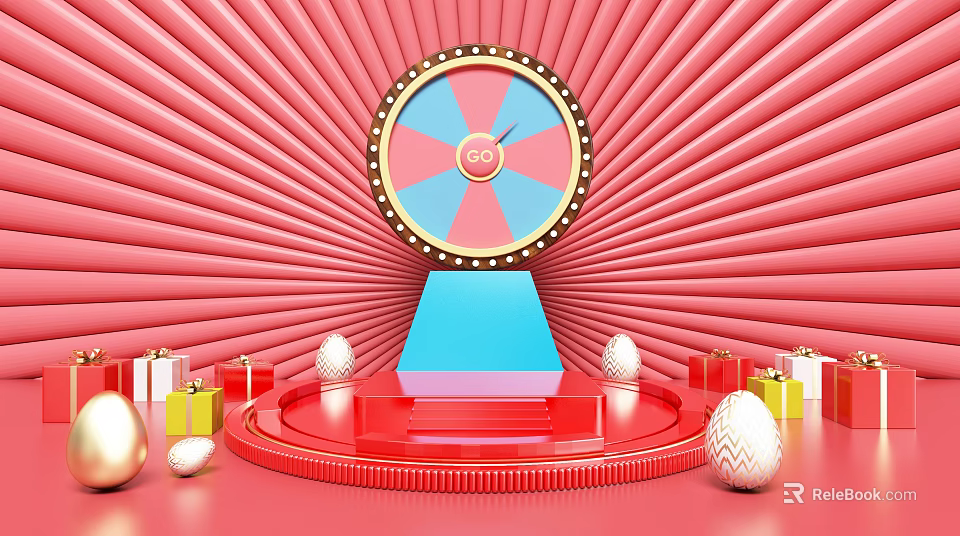 Display Shelf With Roulette Wheel Gift Boxes And Decorative Eggs On Pink Background 3d model