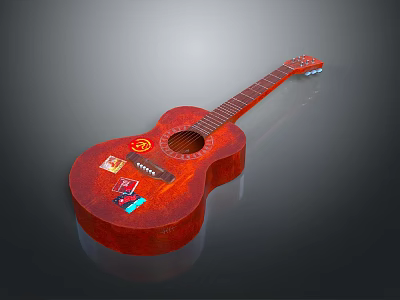Red Acoustic Guitar As Musical Instrument Art Supplies With Decorative Stickers And Wooden Body 3d model