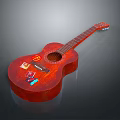 Red Acoustic Guitar As Musical Instrument Art Supplies With Decorative Stickers And Wooden Body
