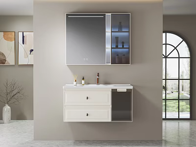 Elegant Modern Bathroom Vanity With White Cabinet Mirror Cabinet And Arched Window On Gray Wall 3d model