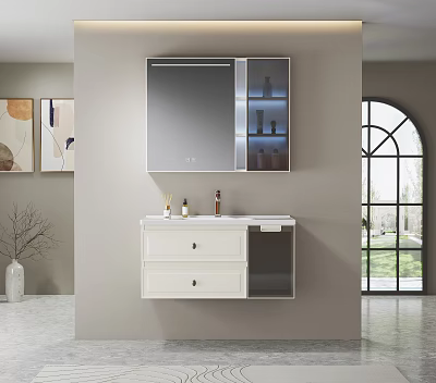 Elegant Modern Bathroom Vanity With White Cabinet Mirror Cabinet And Arched Window On Gray Wall 3d model