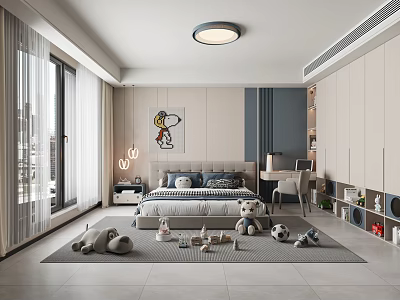 Modern Kids Bedroom Interior With Snoopy Art Toys And Large Windows 3d model