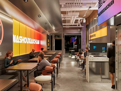 Modern Restaurant Interior With Yellow Orange Wall Decor Seating Area And Counter 3d model