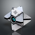 Shiny Metallic Star Shaped Device With QR Code Blue Circular Logo And Smooth Surface