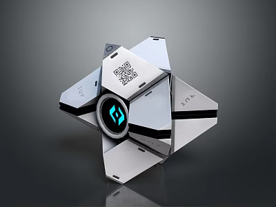 Shiny Metallic Star Shaped Device With QR Code Blue Circular Logo And Smooth Surface 3d model