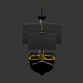 Pirate Ship Model With Black Sails Yellow Bow And Brown Hull On Gray Background