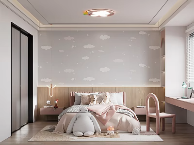 Cozy Kids Bedroom With Cloud Patterned Wallpaper Bed Stuffed Toys And Pink Chair 3d model