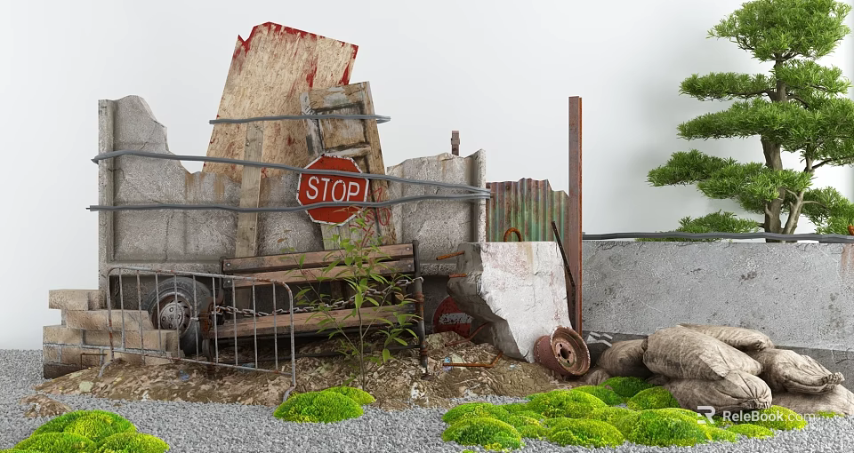 Vintage Garden Ornaments Featuring Collapsed Structure Wooden Ladder Stop Sign Metal Fence And Green Moss 3d model 