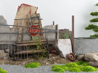 Vintage Garden Ornaments Featuring Collapsed Structure Wooden Ladder Stop Sign Metal Fence And Green Moss 3d model