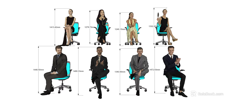 Multiple People Sitting on Office Chairs in Various Poses and Different Heights 3d model 