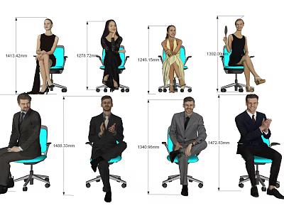 Multiple People Sitting on Office Chairs in Various Poses and Different Heights 3d model