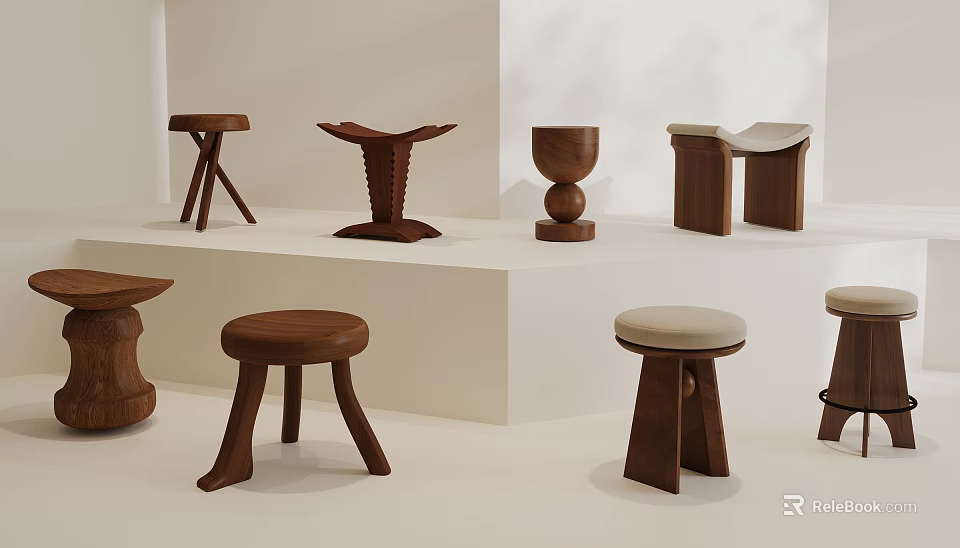 Stylish Modern Wooden Stools With Various Unique Designs On Display Shelf 3d model 