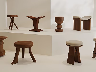Stylish Modern Wooden Stools With Various Unique Designs On Display Shelf 3d model