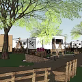 Garden Landscape With RV Awning Wooden Fence Trees Pathway And Lanterns