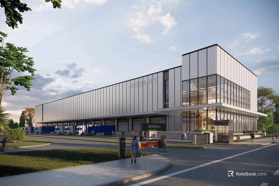 Modern Industrial Factory Building Exterior With Large Glass Windows Metal Cladding And Green Landscaping 3d model 