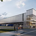 Modern Industrial Factory Building Exterior With Large Glass Windows Metal Cladding And Green Landscaping