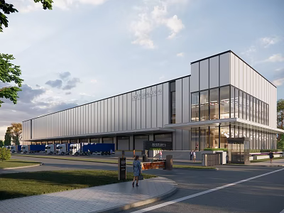 Modern Industrial Factory Building Exterior With Large Glass Windows Metal Cladding And Green Landscaping 3d model